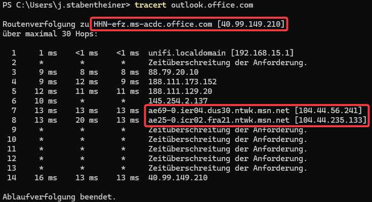 Ein Tracert über einen privaten Internetanschluss zu outlook.office.com